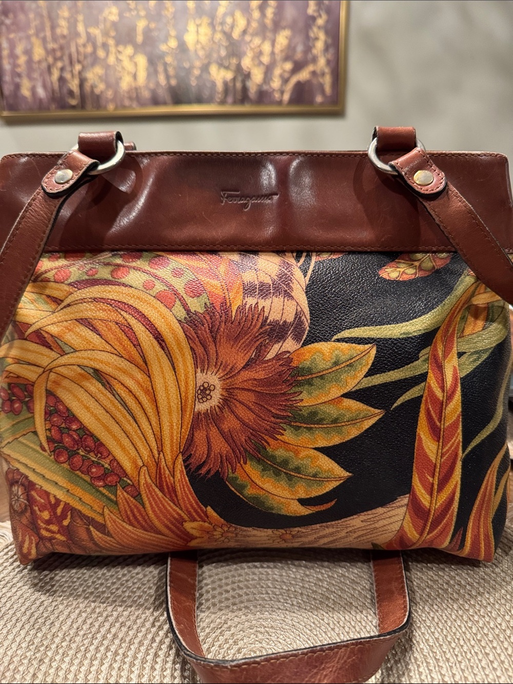 Salvatore Ferragamo Brown Leather & Multicolor Floral Canvas Shoulder Bag